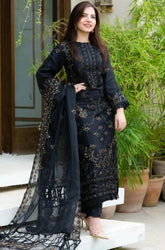 DANANEER - 3PC DHANAK EMBROIDERED SHIRT WITH ORGANZA EMBROIDERED DUPATTA AND TROUSER - HZG1004